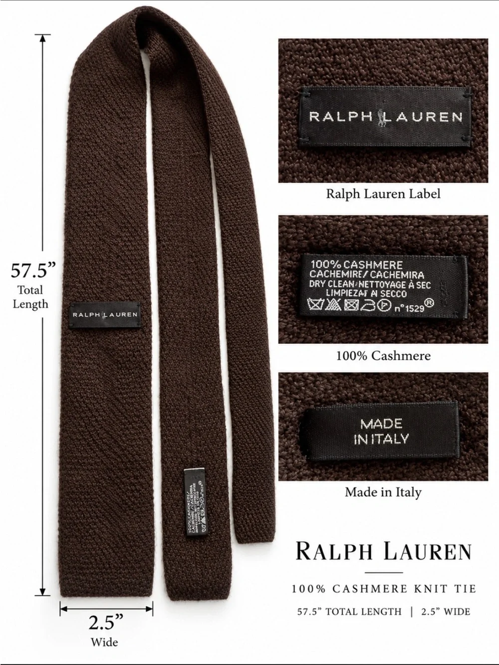 Rare ~Ralph Lauren 100% Cashmere Knit Tie in Chocolate Brown Made in Italy